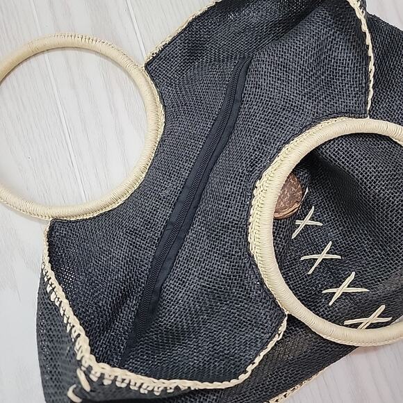 Cappelli Straworld Purse Black Lg Woven Straw Boho Hobo Coastal Resort Cruise - Picture 8 of 16